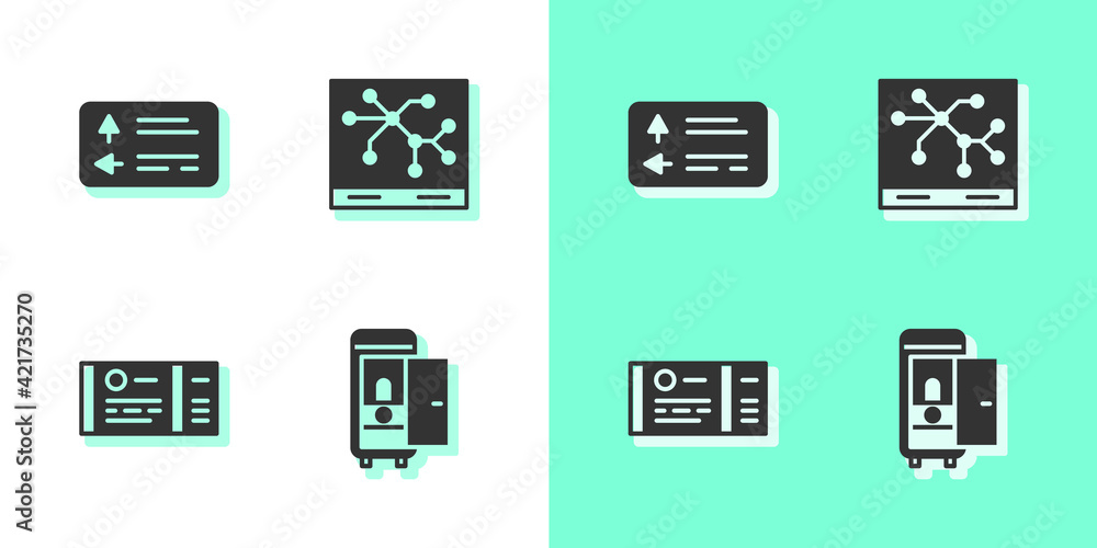 Set Toilet in the train car, Road traffic signpost, Train ticket and Railway map icon. Vector Set Toilet in the train car, Road traffic signpost, Train ticket and Railway map icon. Vector