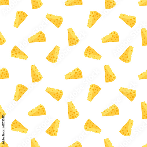Cheese seamless pattern. Pieces of yellow cheese, isolated on a white background. Pieces of cheese of various shapes. Vector flat illustration