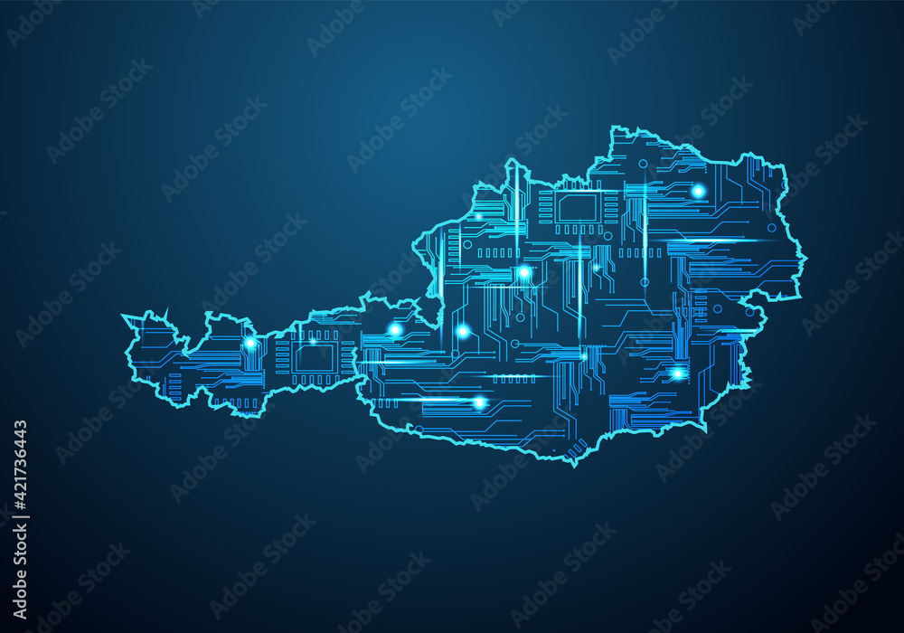 Abstract futuristic map of austria.Circuit Board Design Electric of the region. Technology background. mash line and point scales on dark with map. Abstract futuristic map of austria.Circuit Board Design Electric of the region. Technology background. mash line and point scales on dark with map.