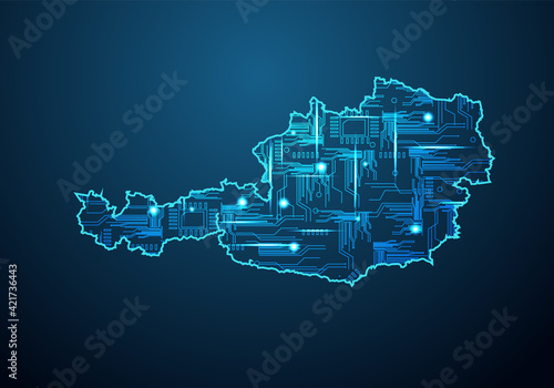 Abstract futuristic map of austria.Circuit Board Design Electric of the region. Technology background. mash line and point scales on dark with map.