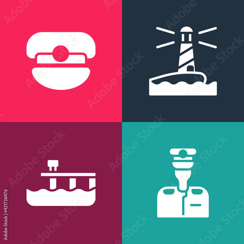 Set pop art Captain of ship, Beach pier dock, Lighthouse and hat icon. Vector