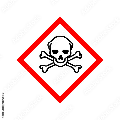 Poison caution icon vector design template isolated on background. Toxic hazard pictogram. Vector illustration of red border square sign with skull and crossbones inside. Attention. Danger zone.