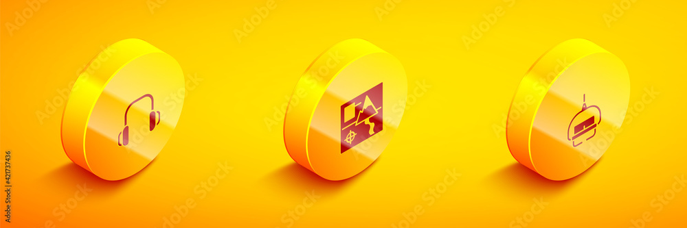 Set Isometric Winter headphones, Folded map and Ski lift icon. Vector Set Isometric Winter headphones, Folded map and Ski lift icon. Vector