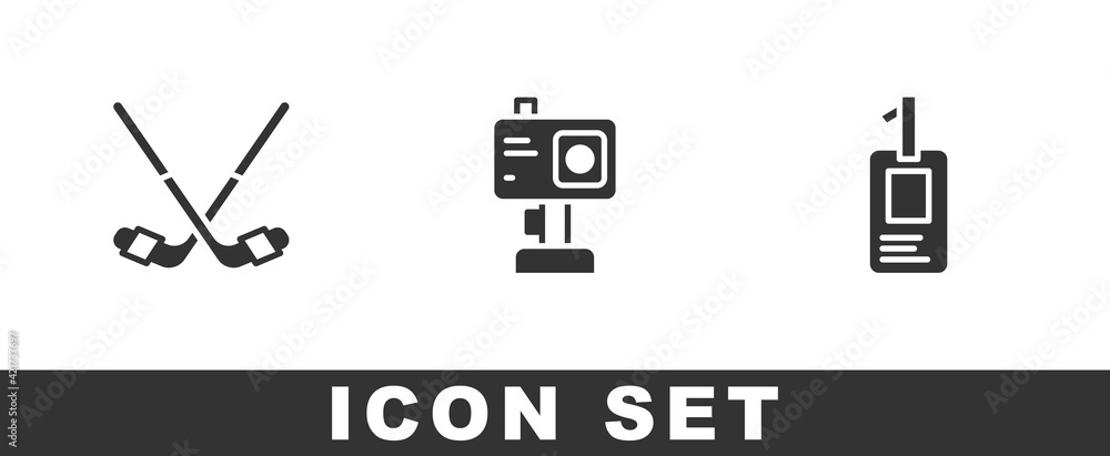 Set Ice hockey sticks, Action camera and Identification badge icon. Vector