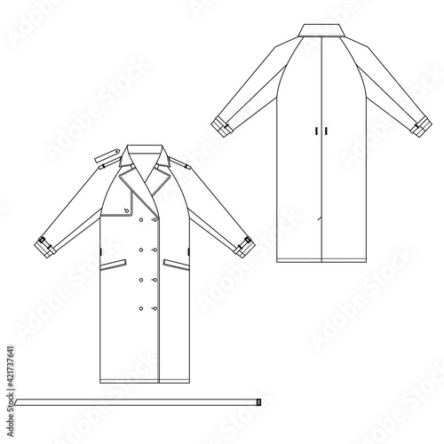 Female trench coat technical drawing on a white background. Front and back illustration