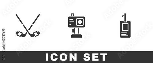 Set Ice hockey sticks, Action camera and Identification badge icon. Vector