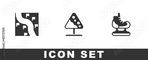 Set Route location, Road sign avalanches and Skates icon. Vector