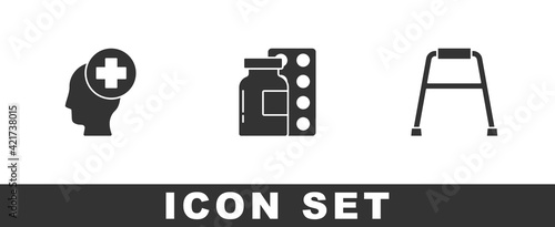 Set Male head with hospital, Pills in blister pack and Walker icon. Vector
