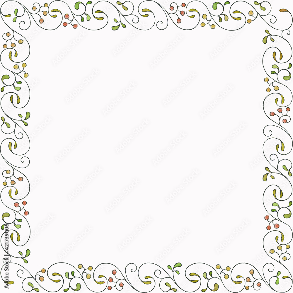 Frame from floral ornaments in yellow, green, red colors, painted with watercolors: leaves, berries, stems, isolated on a white background Frame from floral ornaments in yellow, green, red colors, painted with watercolors: leaves, berries, stems, isolated on a white background