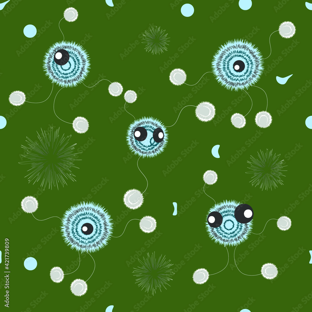 Cute cartoon fluffy character with big eyes. Children's collection. Seamless pattern for Halloween.