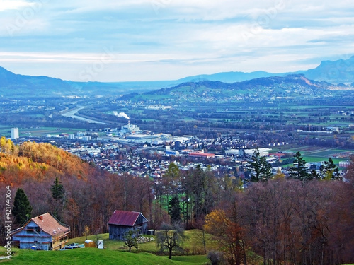 The famous view of the Rhine valley (Rheintal) from the slopes of the Sevelerberg and Werdenberg mountains, Sevelen - Canton of St. Gallen, Switzerland (Schweiz) photo