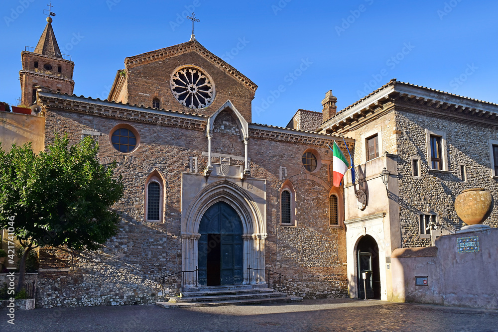 the modest modern entrance to the Villa d'Este, next to the Church of Santa-Maria Maggiore in Tivoli, near Rome, Italy