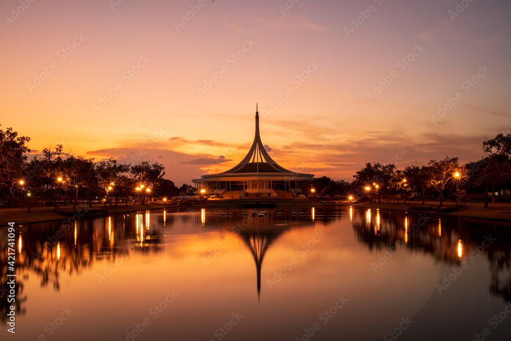 Ratchamangkhala Pavillion at public park name Suan Luang Rama IX on sunset time Bangkok, Thailand.