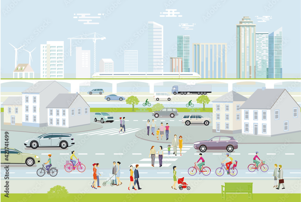 Stadtsilhouette mit Fußgänger und Straßenverkehr, Illustration	