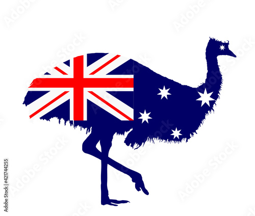 Australian flag over emu bird vector silhouette illustration isolated on white background. Emu flag Australia.