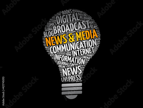 News and media light bulb word cloud collage, concept background