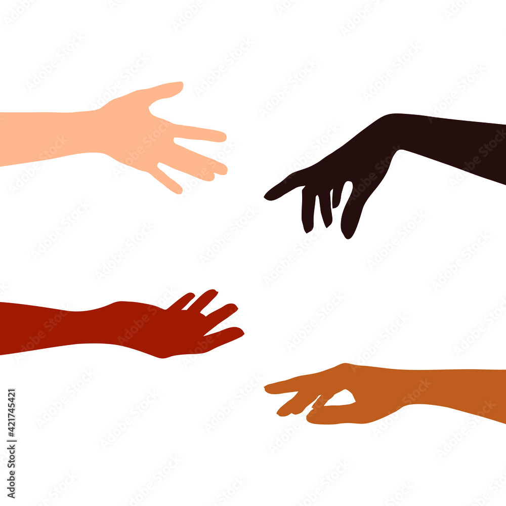 Four female hands of different skin color on a white background. The concept of women's friendship and the movement for women's rights. Vector illustration. Four female hands of different skin color on a white background. The concept of women's friendship and the movement for women's rights. Vector illustration.