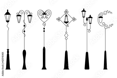 Street light, black silhouettes collection. Street retro road lamp set. Vintage light for aristocratic exterior. Vector decorative lamp posts