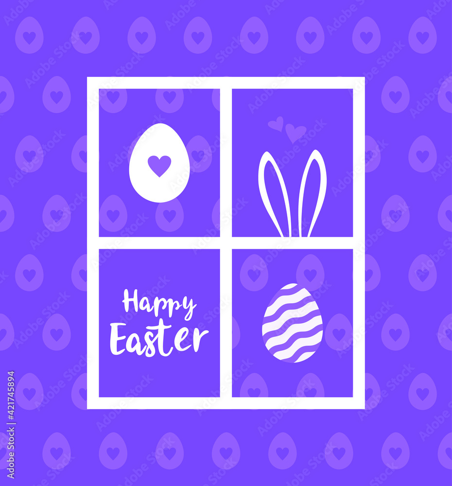 Happy Easter greeting card. White text, eggs and bunny ears in the window on a purple background Happy Easter greeting card. White text, eggs and bunny ears in the window on a purple background