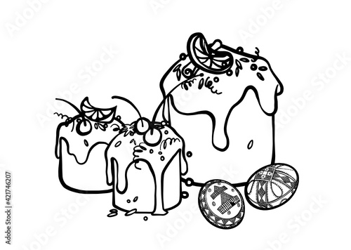 Line art Easter eggs & bread Kulich. Hand drawing Ukrainian folk Pysanka & Paska 