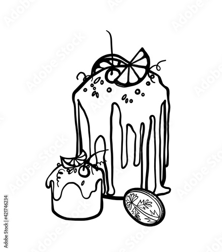 Line art Easter eggs & bread Kulich. Hand drawing Ukrainian folk Pysanka & Paska 