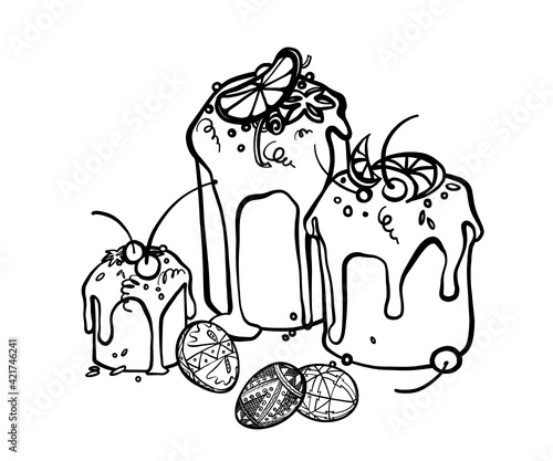 Line art Easter eggs & bread Kulich. Hand drawing Ukrainian folk Pysanka & Paska 