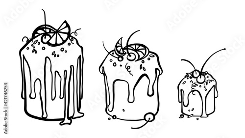 Line art Easter bread Kulich. Hand drawing Ukrainian folk Paska