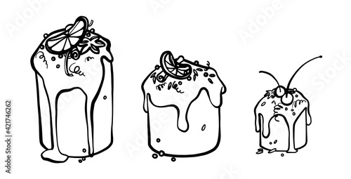 Line art Easter bread Kulich. Hand drawing Ukrainian folk Paska