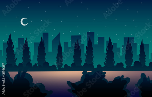 Place for car street cinema. Open air parking at night. Darkness on starry sky background. Backdrop of the evening city. Scene of night vector banner in cartoon style