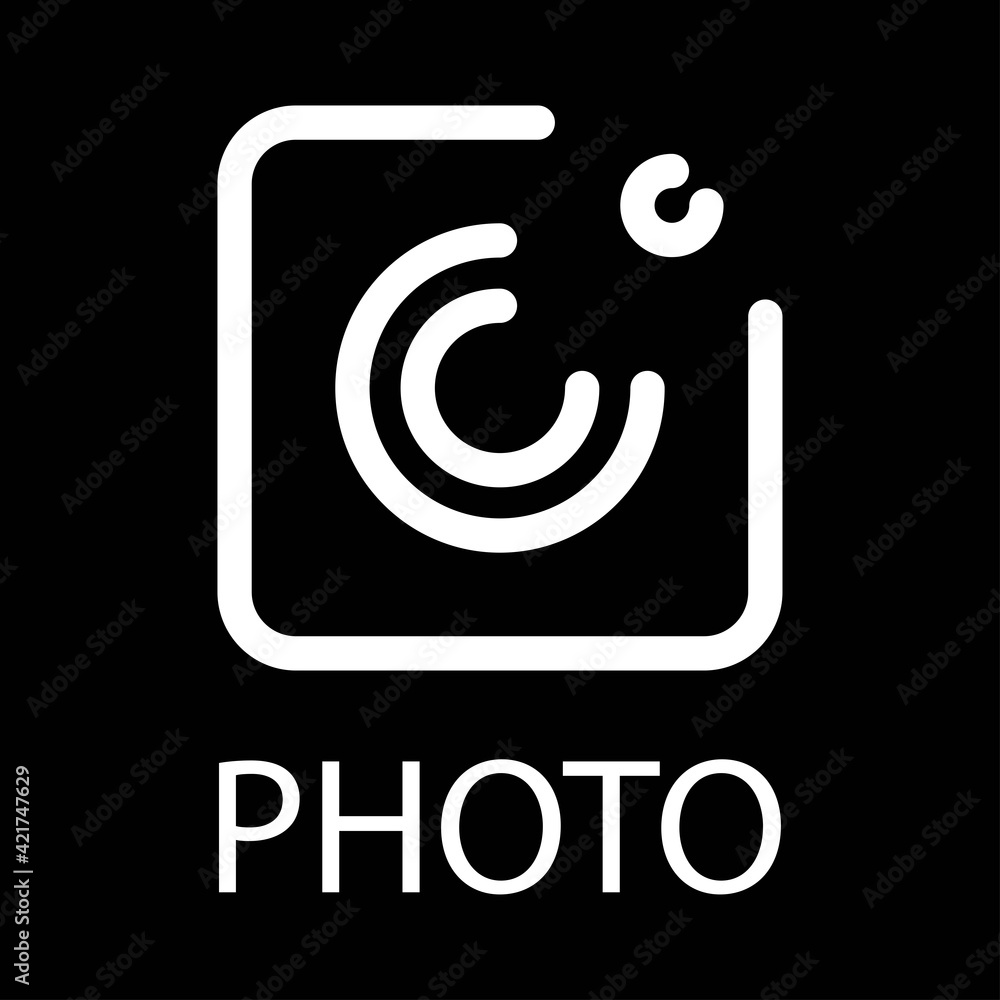 Isolated white camera icon with text on a black background. Design element for poster, banner, clothes. Simple flat style. Vector illustration. Isolated white camera icon with text on a black background. Design element for poster, banner, clothes. Simple flat style. Vector illustration.