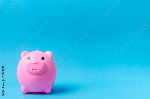 A pinkd piggy bank on blue background.