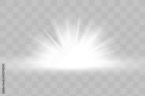 White glowing light explodes on a transparent background. Sparkling magical dust particles. Bright Star. Transparent shining sun  bright flash. Vector sparkles. To center a bright flash