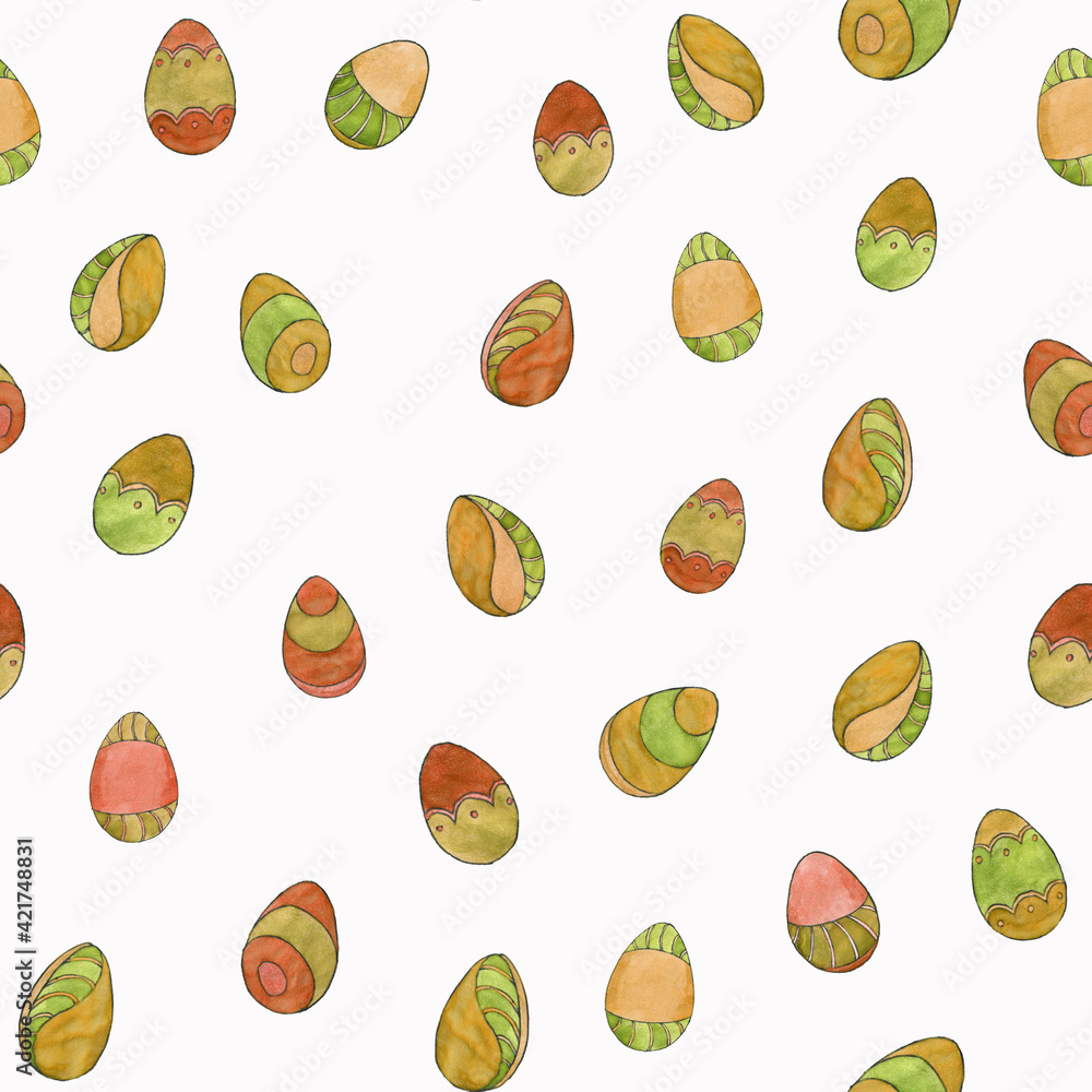 Seamless pattern from the watercolor set of Easter eggs in red, yellow, green colors isolated on a white background Seamless pattern from the watercolor set of Easter eggs in red, yellow, green colors isolated on a white background
