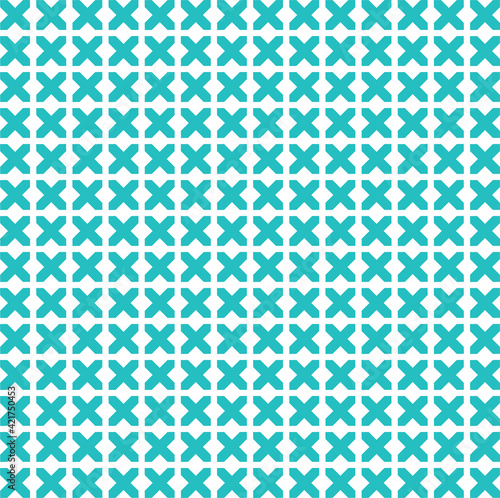 Simple seamless pattern made with lines, X cross geometric pattern, blue shapes, white background