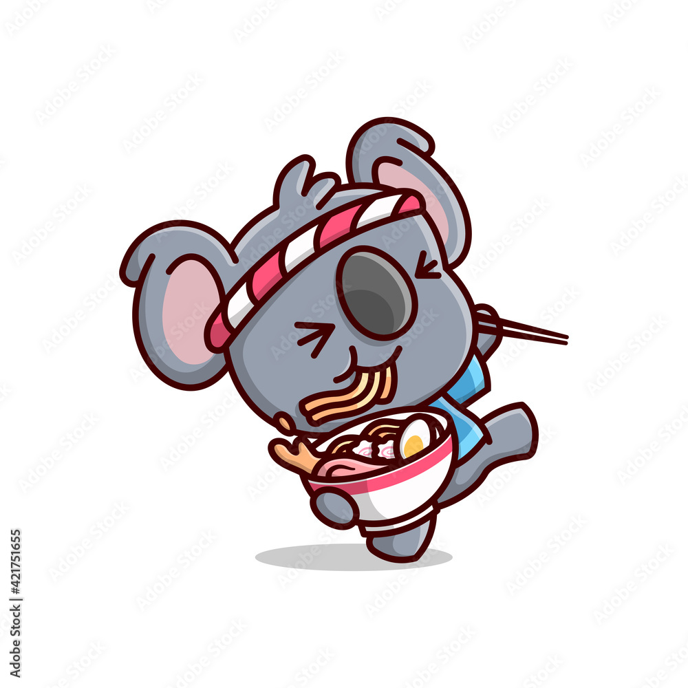 CUTE KOALA SHOWING HAPPY FACE WHILE EATING RAMEN NOODLE. CARTOON MASCOT CUTE KOALA SHOWING HAPPY FACE WHILE EATING RAMEN NOODLE. CARTOON MASCOT