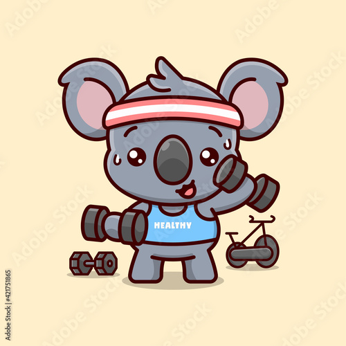 Photography CUTE KOALA IN BLUE CLOTHES EXERCISING WITH DUMBBELLS