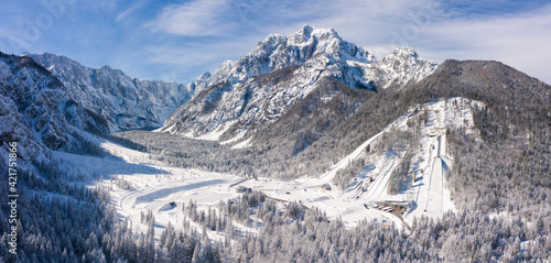 Schilderij op canvas Aerial view of Ski Jump in Planica, Slovenia at Ratece near Kranjska gora in winter with snow