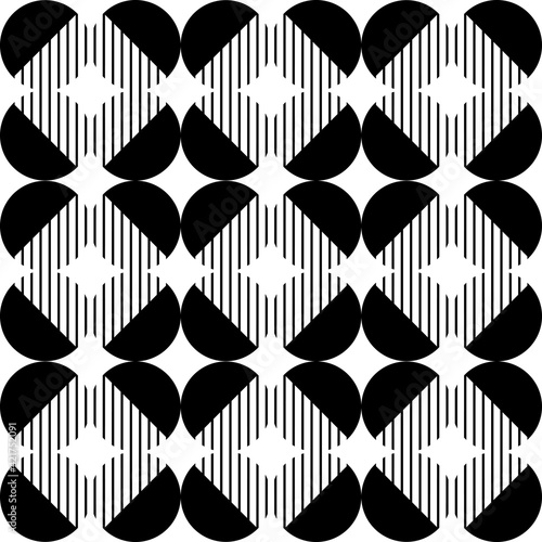 Modern vector abstract seamless geometric pattern with semicircles, circles and lines in retro scandinavian style