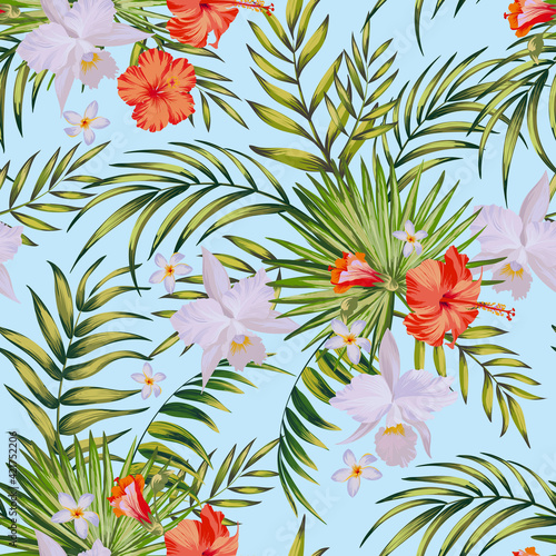 Tropical vector seamless background. Jungle pattern with exitic flowers, and palm leaves. Stock vector. Jungle vector vintage wallpaper.