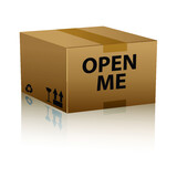 Open me internet web icon on cardboard box isolated