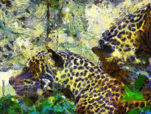 Leopard in various poses Illustrations creates an impressionist style of painting.