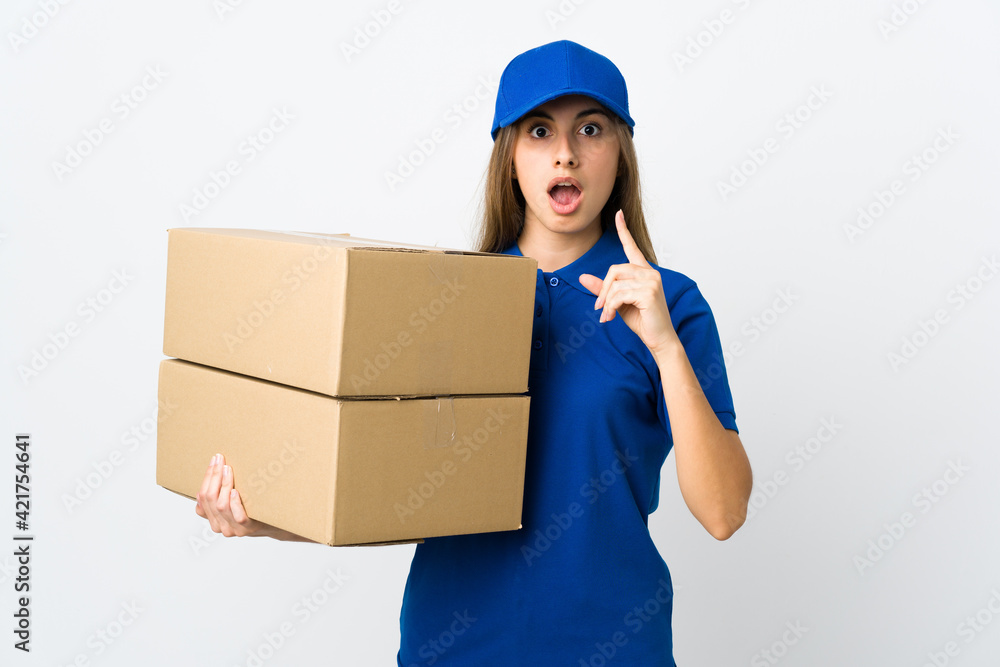 Young delivery woman over isolated white background thinking an idea pointing the finger up Young delivery woman over isolated white background thinking an idea pointing the finger up