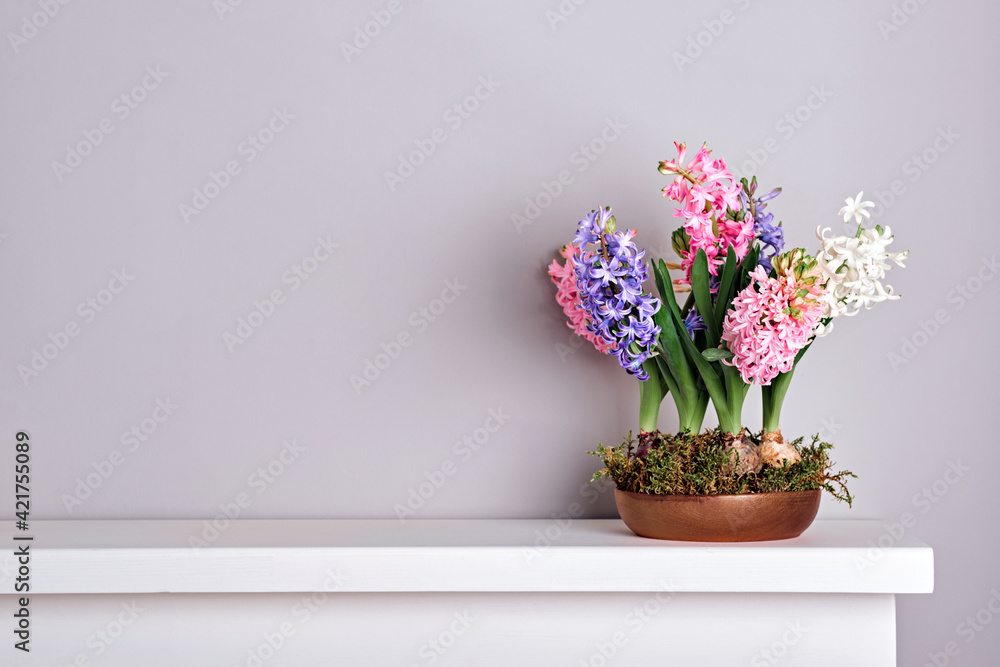 Bouquet of hyacinths in bowl with moss on mantelpiece. Spring and Easter natural interior decor, copy space