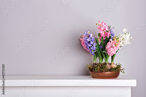 Bouquet of hyacinths in bowl with moss on mantelpiece. Spring and Easter natural interior decor, copy space