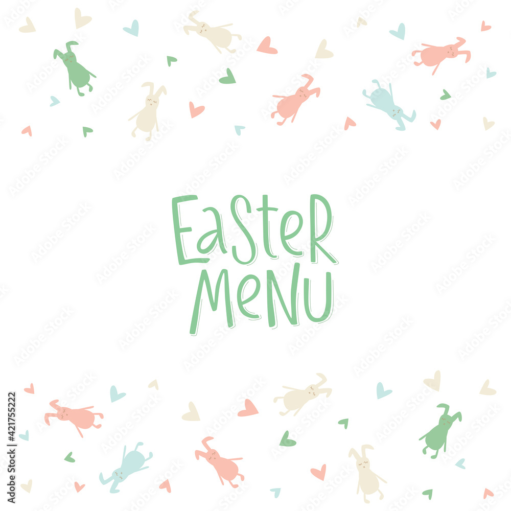 Happy Easter menu - rabbit, bunny minimalistic style with lettering sign and frame. Vector stock illustration isolated on white background for restaurant, kids menu, template for invitation. EPS10 Happy Easter menu - rabbit, bunny minimalistic style with lettering sign and frame. Vector stock illustration isolated on white background for restaurant, kids menu, template for invitation. EPS10