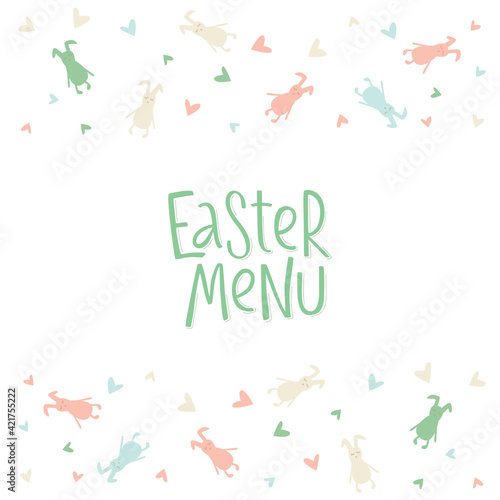 Happy Easter menu - rabbit, bunny minimalistic style with lettering sign and frame. Vector stock illustration isolated on white background for restaurant, kids menu, template for invitation. EPS10