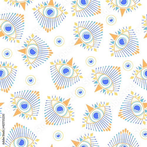 Blue evil eyes seamless pattern with yellow elements on white background. Graphic geometric magic esoteric print. Eye of providence. Vector illusrtation.