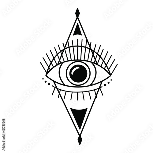 Evil eye. Eye of Providence. Magic graphic witchcraft symbol. Magical esoteric religion sacred geometry symbol vector illustration. Black icon on white background. 