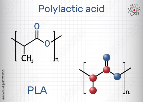 Polylactic acid, polylactide, PLA molecule. It is polymer, bioplastic, thermoplastic polyester. Structural chemical formula and molecule model