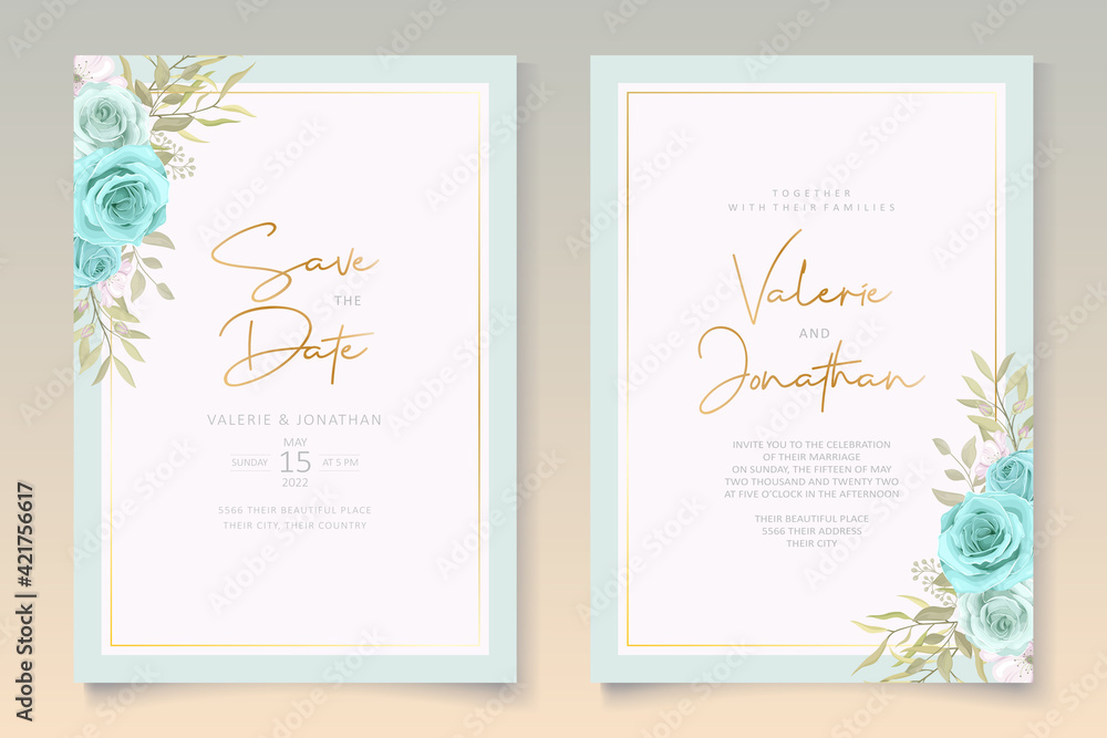 Elegant wedding card design with blue flowers Elegant wedding card design with blue flowers